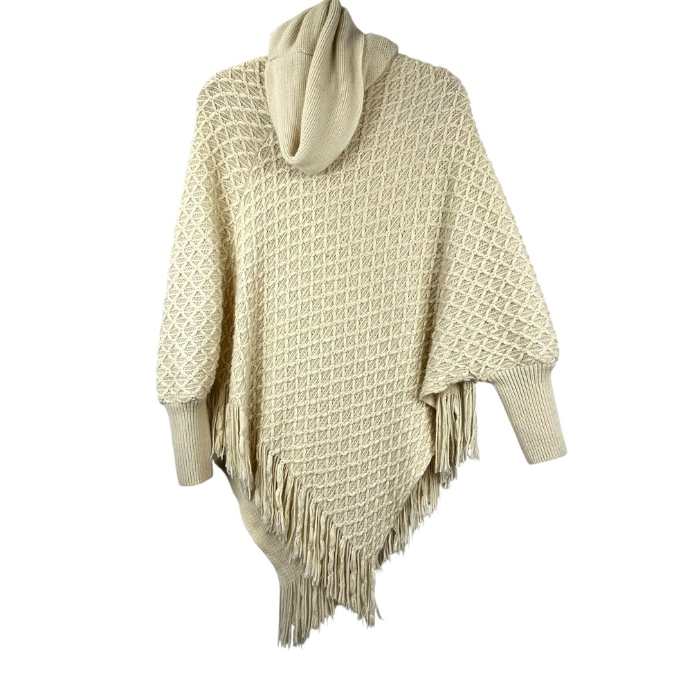Do Everything In Love Cream Knit Fringe Poncho Sweater OS Cowl Neck Boho Winter